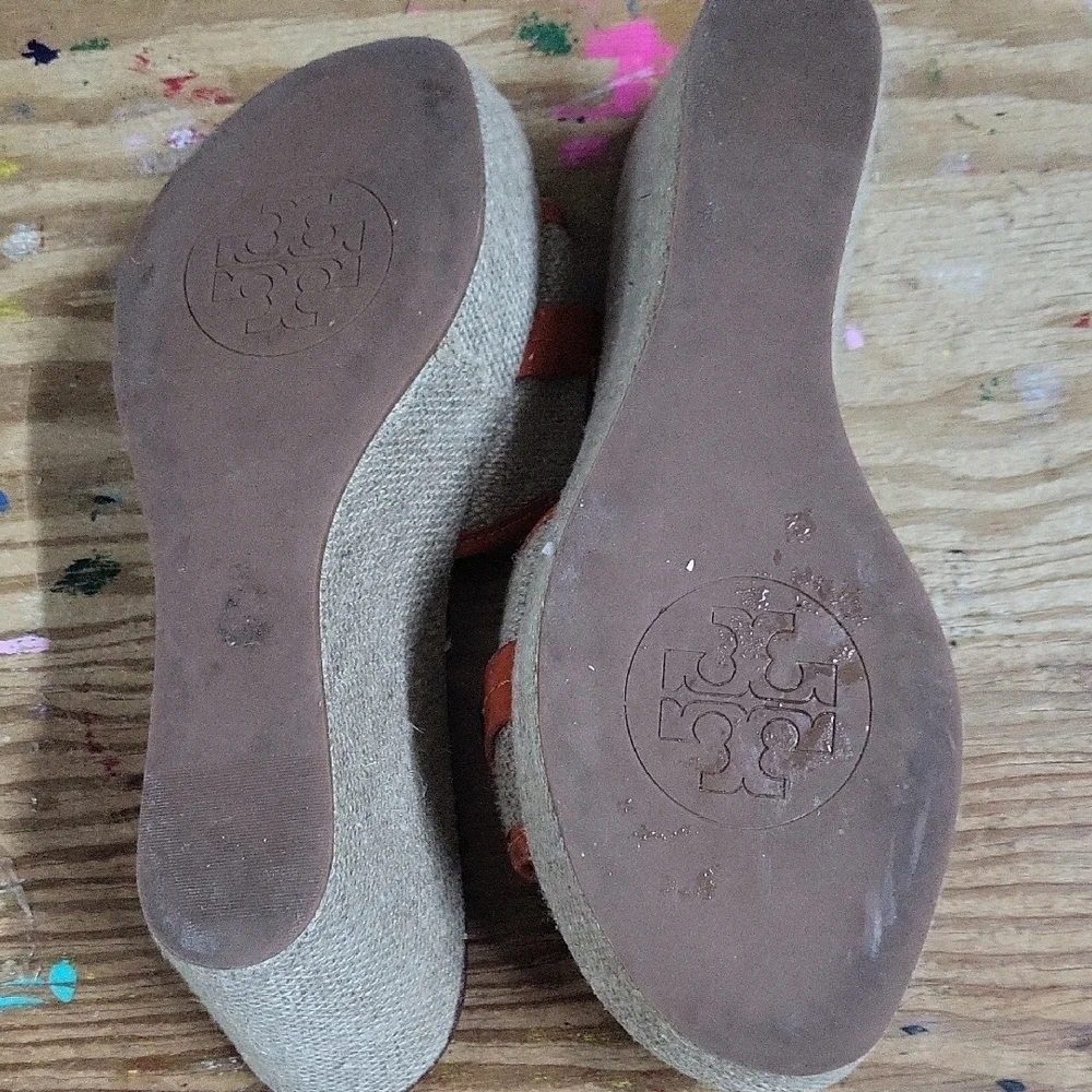 Orange and Tan Wedge Sandals with Decorative Buckle